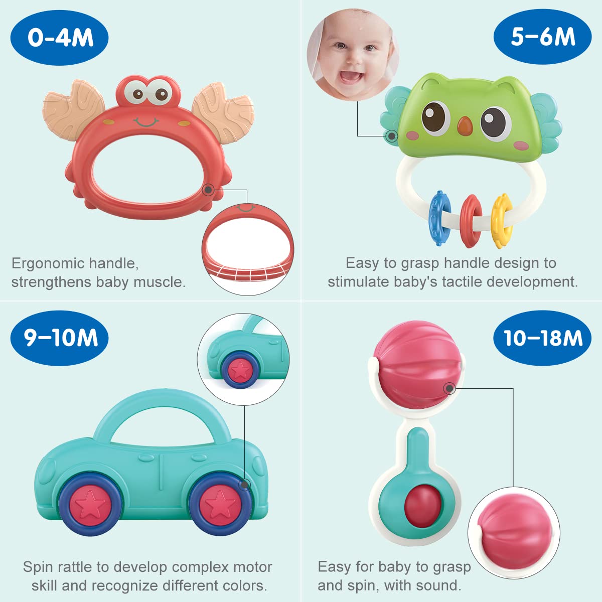 Qizebaby Baby Toys 6 To 12 Months, 12Pcs Rattle Baby Teething Toys, Shaker Grab And Spin Rattles Toy, Music Learning Toys For 0