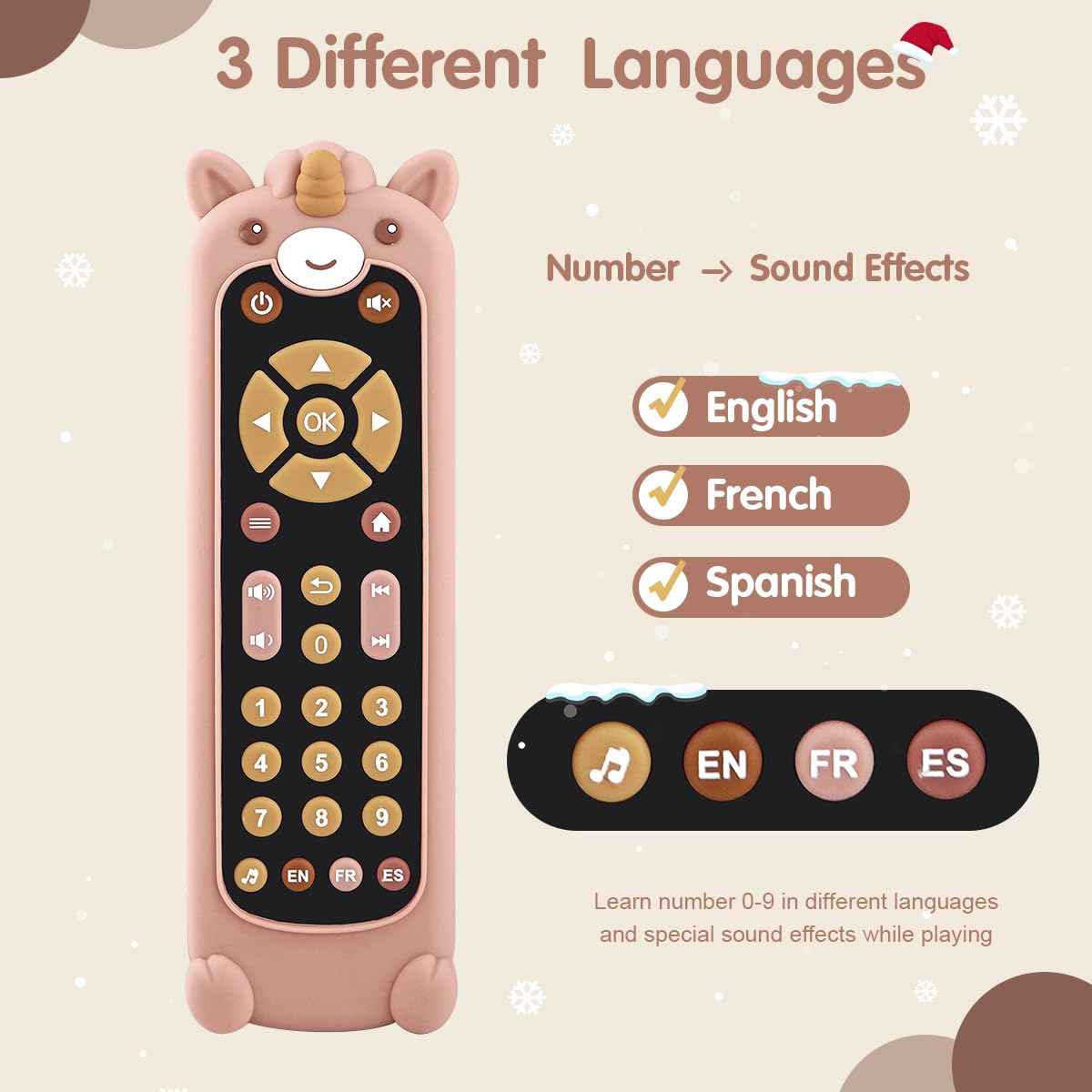 Nueplay Baby Tv Remote Control Toy With Silicone Teether Cover, Toddler Realistic Controller, Early Number Learning In 3 Languages (English, Spanish & French), Preschool Girls Toys 6, 12, 18 Months