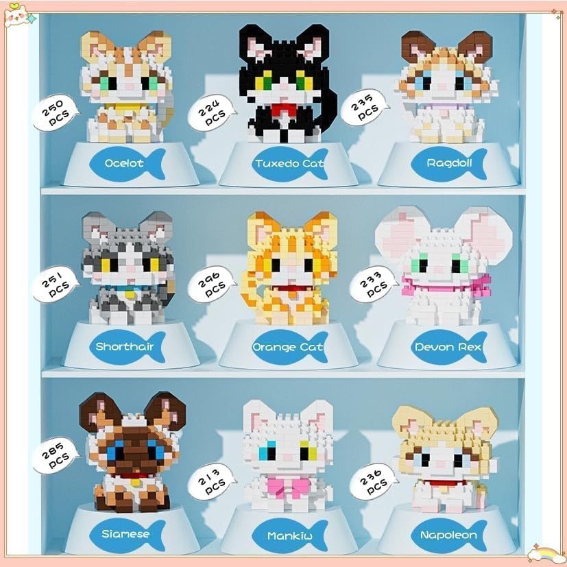 Timchess Mini Cat Building Block Sets, 9 Style Cute Cat Building Blocks Miniature Cat Figurine Toys For Kids Birthday Party Favo