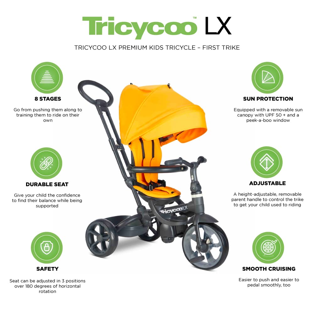 Joovy Tricycoo LX Premium Kids Tricycle with 8 Stages Featuring Chunky Front Tire, Removable and Adjustable Parent Handle, Safet