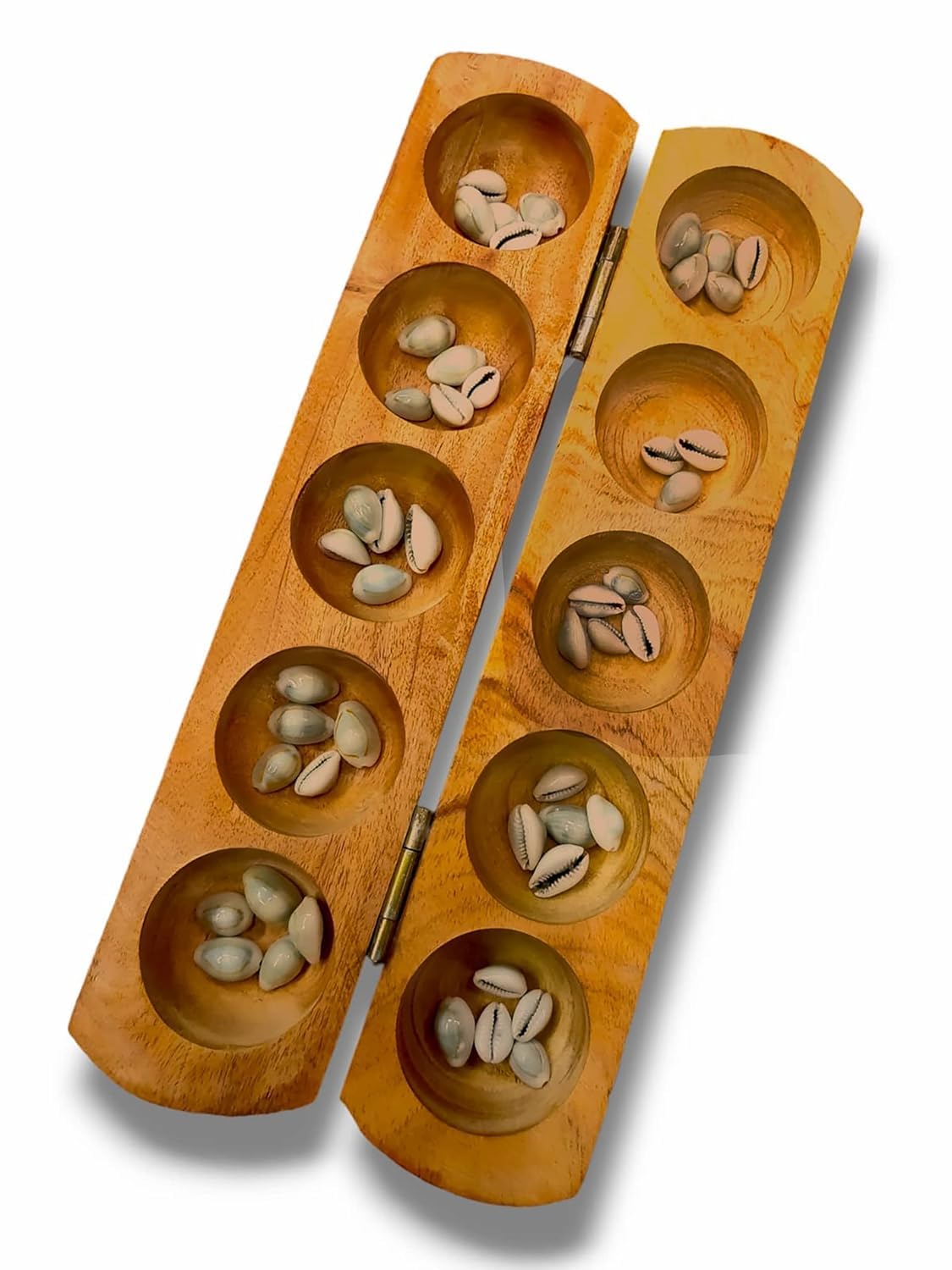 Paljji Handicrafts Vamana Guntalu/Pallanghuzi/Mancala Wooden Board Game With Sea Shells, Storage Bag (10 - Pit Board)