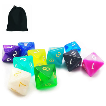 Bescon 10pcs Set of 8 Sided Dice (Numbered 1-8), 10 Count Assorted Random Multi Effected&Colored Pack of D8 in Drawstring Pouch