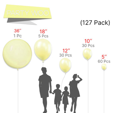 Partywoo Pastel Yellow Balloons, 127 Pcs Pale Yellow Balloons Different Sizes Pack Of 36 Inch 18 Inch 12 Inch 10 Inch 5 Inch Light Yellow Balloons For Balloon Garland As Party Decorations, Yellow-Q07