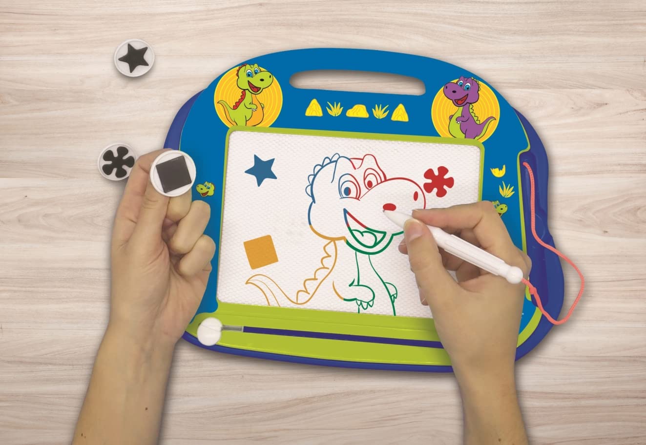 LEXiBOOK, Dinosaur, Multicolor Magic Magnetic Drawing Board, Artistic Creative Toy for Girls and Boys, Stylus Pen and Stamps, Bl