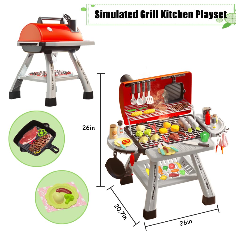Barbecue Grill Toy Set, Kids BBQ Kitchen Playset with Smoke Sound Light Simulation Camping Cooking Interactive Pretend Play Food
