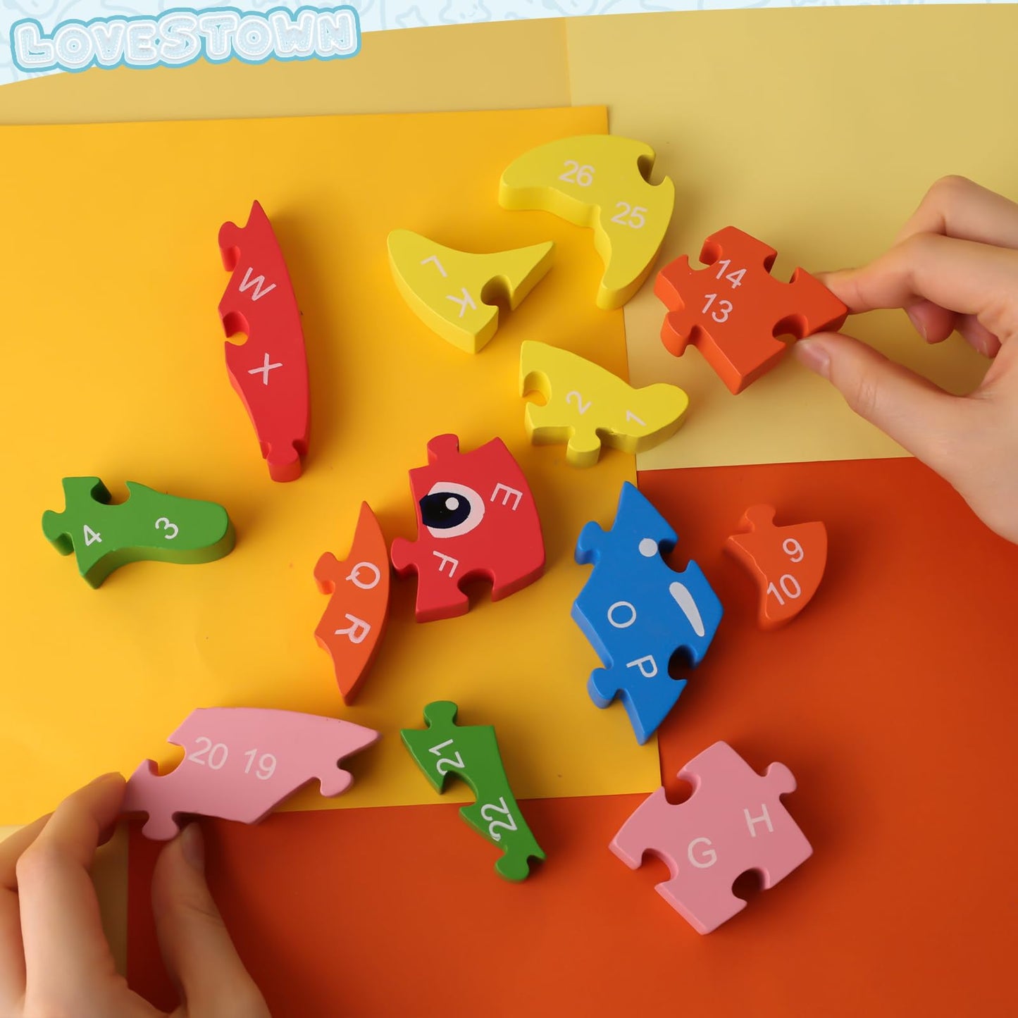 Lovestown Dolphin Wooden Puzzle, 26Pcs Jigsaw Puzzle Alphabet And Number Blocks Wooden Building Blocks For Kid Toddlers Preschool