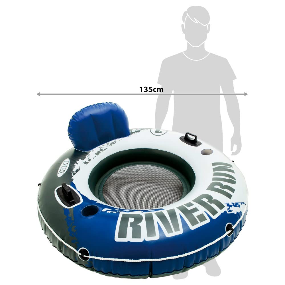 Intex 58825Ep River Run 1 Inflatable Floating Lounge: Comfortable Backrest – Built-In Cup Holders – Durable Grab Handles – All Around Grab Rope – 220Lb Weight Capacity– Blue
