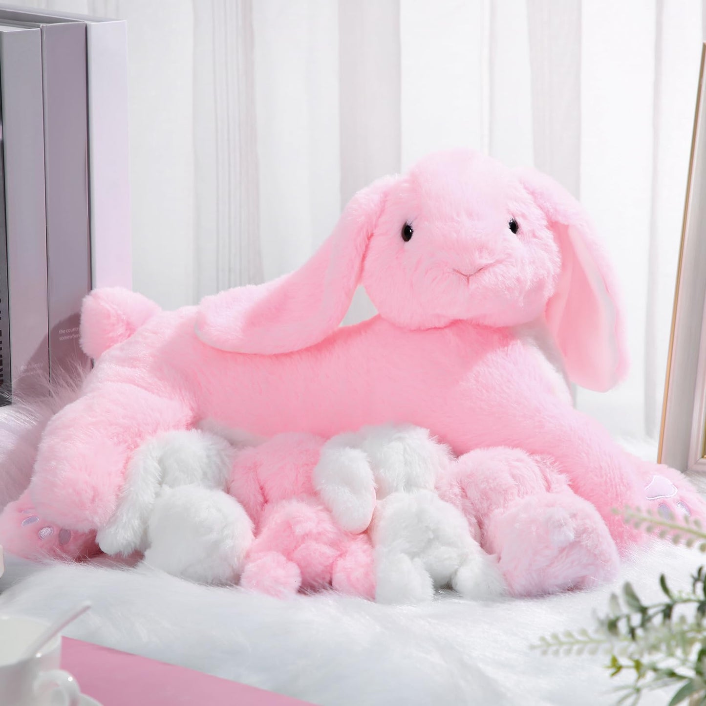 Libima 5 Pcs Nursing Bunny Plush Toys Pink 15 Inch Soft Mommy Stuffed Animals With 4 Magnetic Cuddly Baby Rabbits Stuffed Bunny