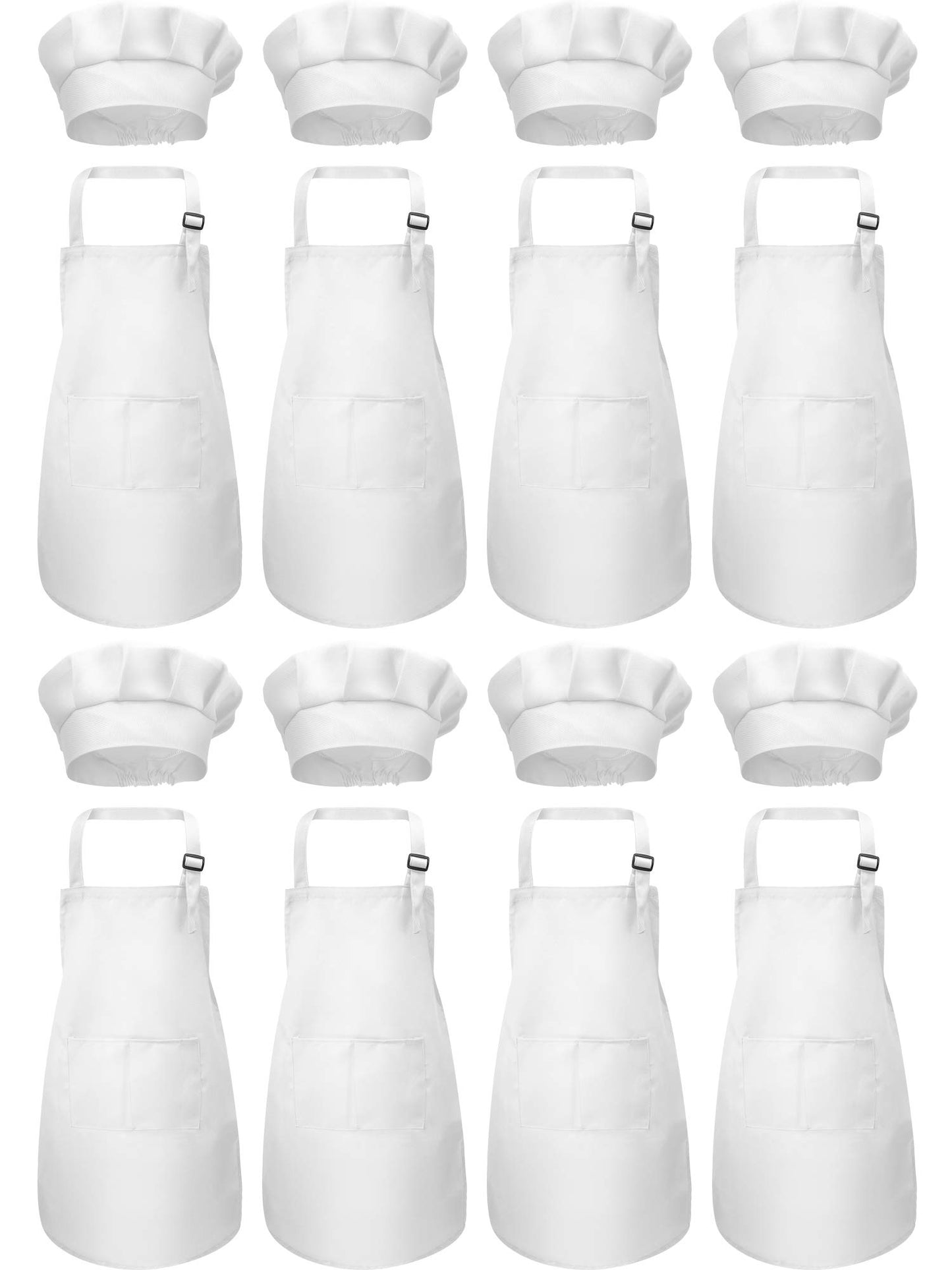 SATINIOR 8 Set Kids Apron and Chef Hat Set Kids Apron with 2 Pockets Adjustable for Boys Girl's Cooking Baking Painting (White,