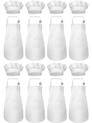 SATINIOR 8 Set Kids Apron and Chef Hat Set Kids Apron with 2 Pockets Adjustable for Boys Girl's Cooking Baking Painting (White,