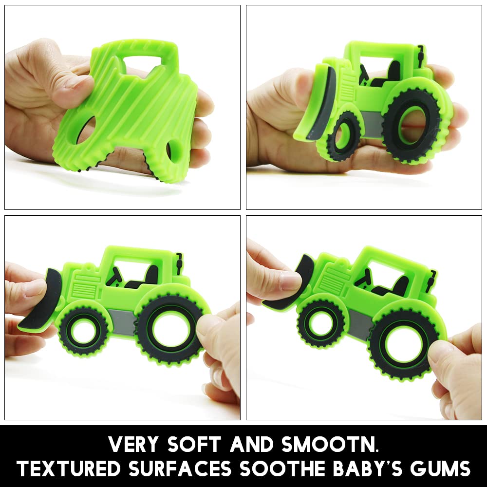 Amazingm Car Series Baby Teething Toys,Food Grade Silicone Chew Teether For 3 Months+ Infant Boy And Girl,Toddler Sensory Chewing Teether,Bpa Free. (Bulldozer, Green)