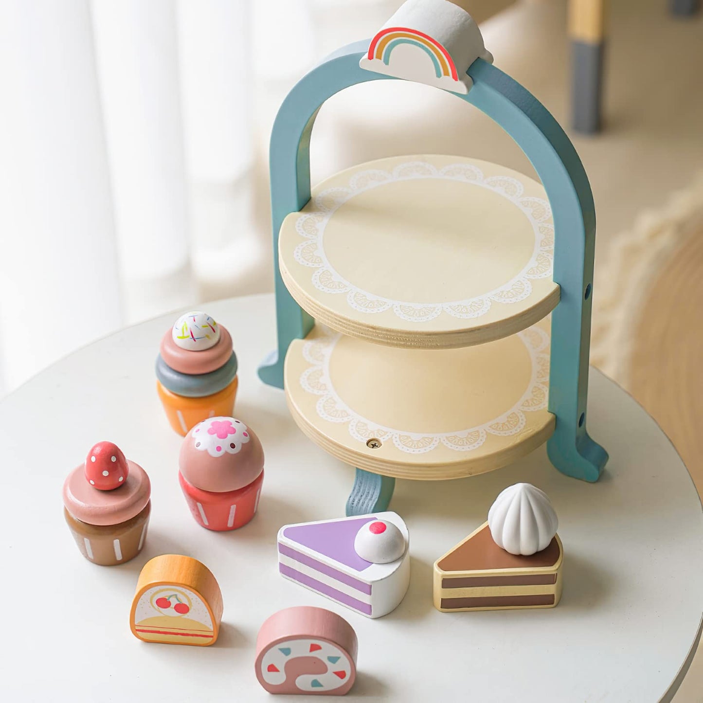 MIKNEKE Wooden Dessert Cake Play Food Set - Royal Dessert Tea Party Toys for Toddlers, Montessori Kitchen Accessories, 10x6 in