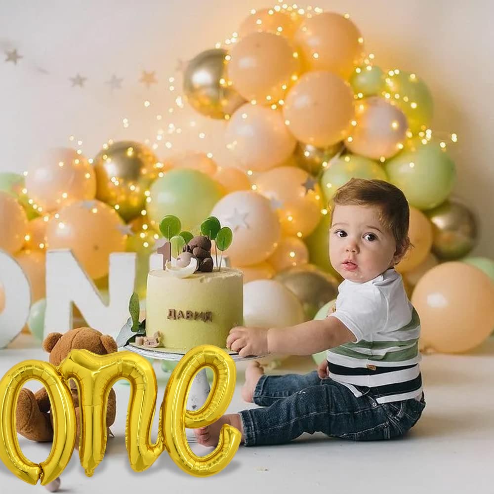 Toniful Gold One Balloons Banner, 42*16 Inch Mylar Foil Script / Cursive Letter One Sign Banner Balloon Bunting Reusable Ecofrie