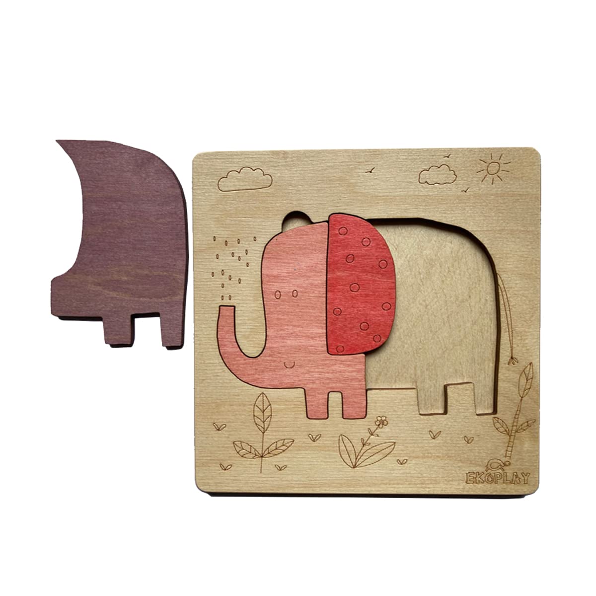 Ekoplay 3 Piece Playful Elephant Wooden Puzzle for Kids, Jigsaw Puzzle for Pre-School Kids, Learning Educational Toys Gifts for
