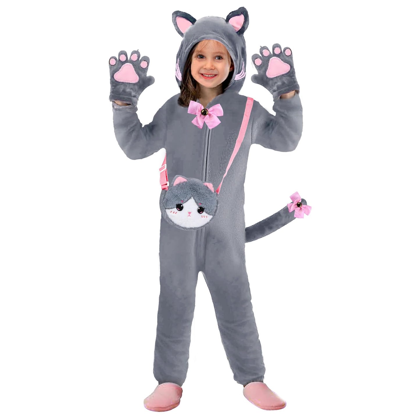 Gifts2U Halloween Cat Costume For Girls, Kids Onesie Costume With Pink Cat Ears, Cat Tail, Paws, Bow Ties And Purse Bag, Gifts For Halloween, Birthday Or Any Costume Occasion (7-8Years)