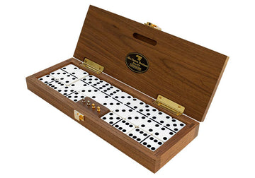 Alex Cramer Mariner Domino Set - Premium 28 Double-Six Dominoes, Black Walnut Case, 2 Gold-Plated & 2 Nickel-Plated Scoring Pegs