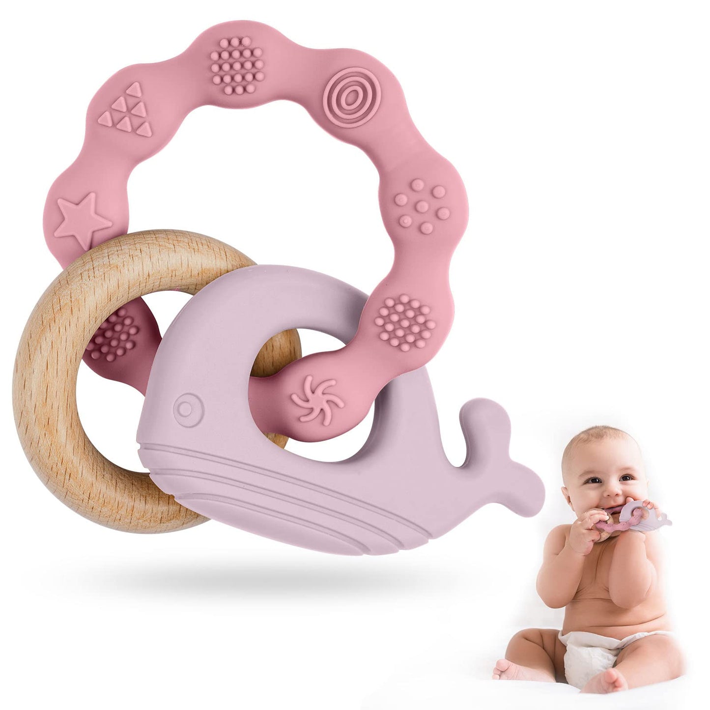 Vicloon Baby Teether Toys, Silicone & Natural Wood Teether Ring, Baby Teething Toys For Babies 0 Months, Silicone Chewable Rings