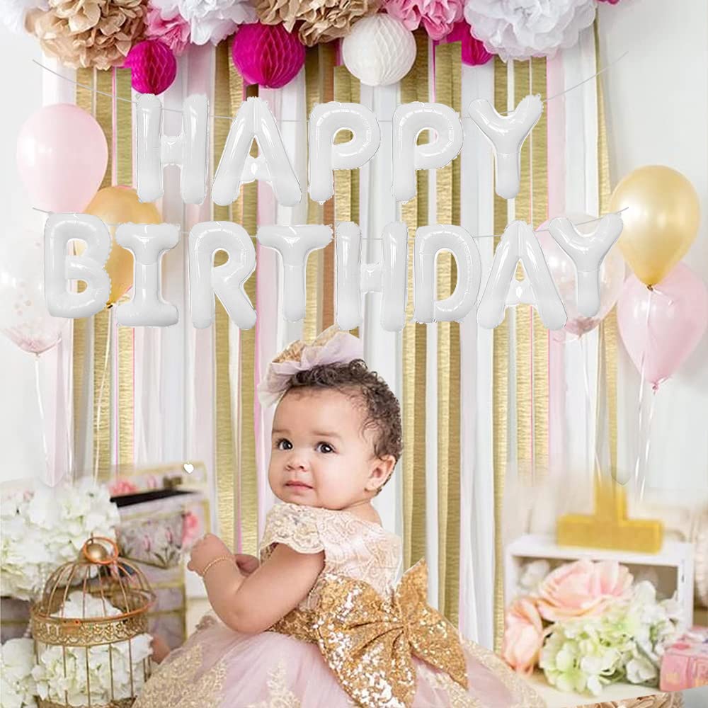 Toniful White Happy Birthday Balloons Banner With Ribbon Straw, 16 Inch Mylar Foil Letters Birthday Sign Banner Balloon Bunting