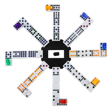 Homwom Double 12 Colored Dot Dominoes Set - 91 Tiles, 9 Trains, Octagon Hub, Aluminum Case, White