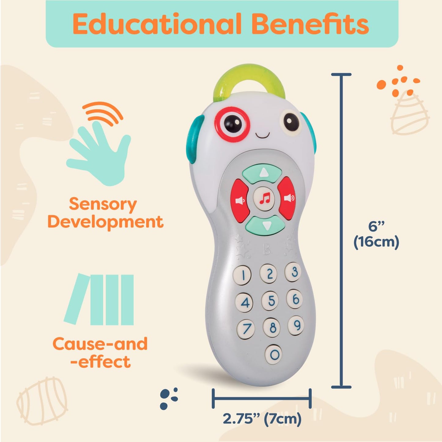 B. toys Baby Musical TV Remote Control - Interactive Sensory Toy with Learning Numbers, Songs & Light-Up Buttons for Ages 6 Months & Up