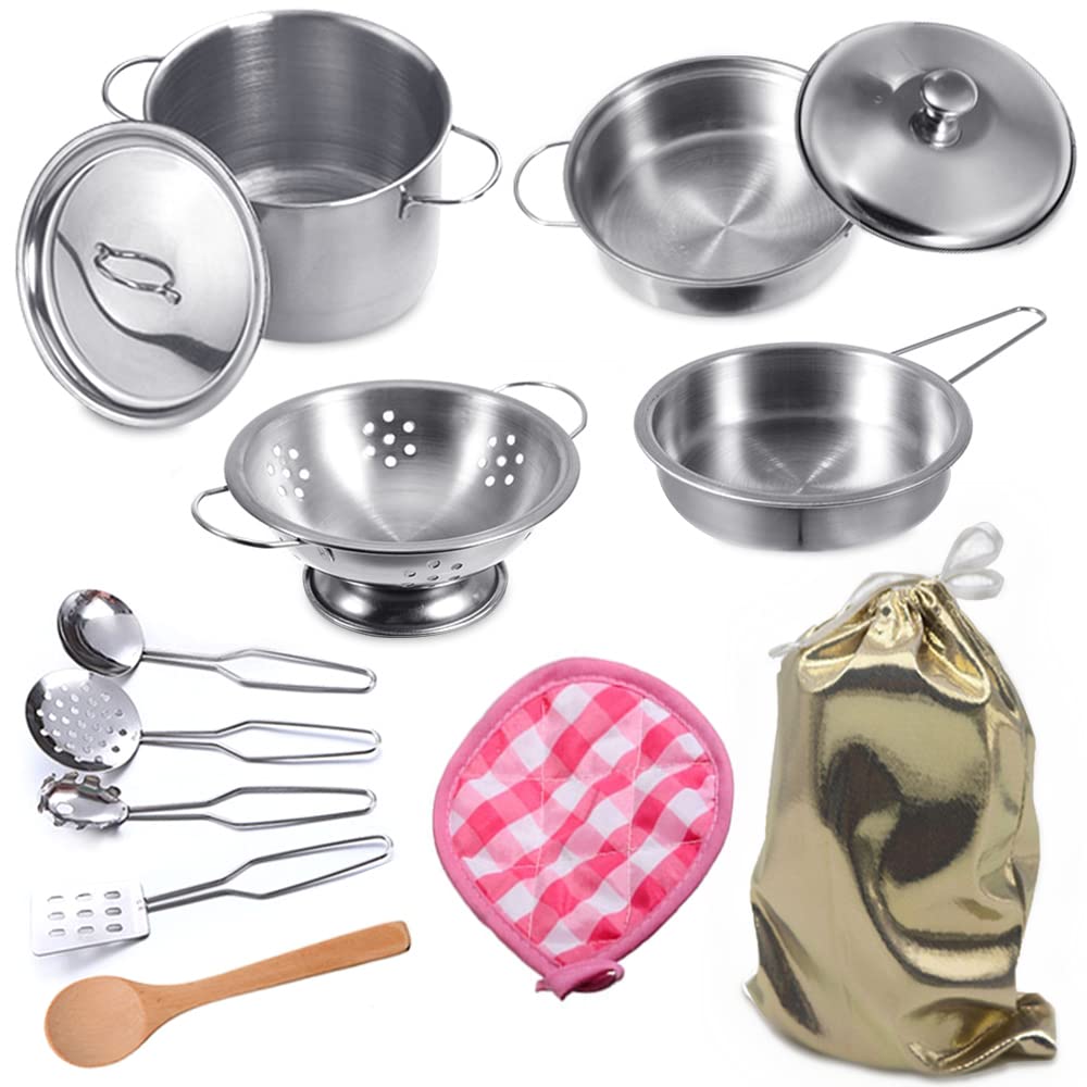 Mini Stainless-Steel Kitchen Toys, Tiny Size Pretend Cooking Utensils Toys For Kids, Cookware Pots And Pans Play Set With Cookin