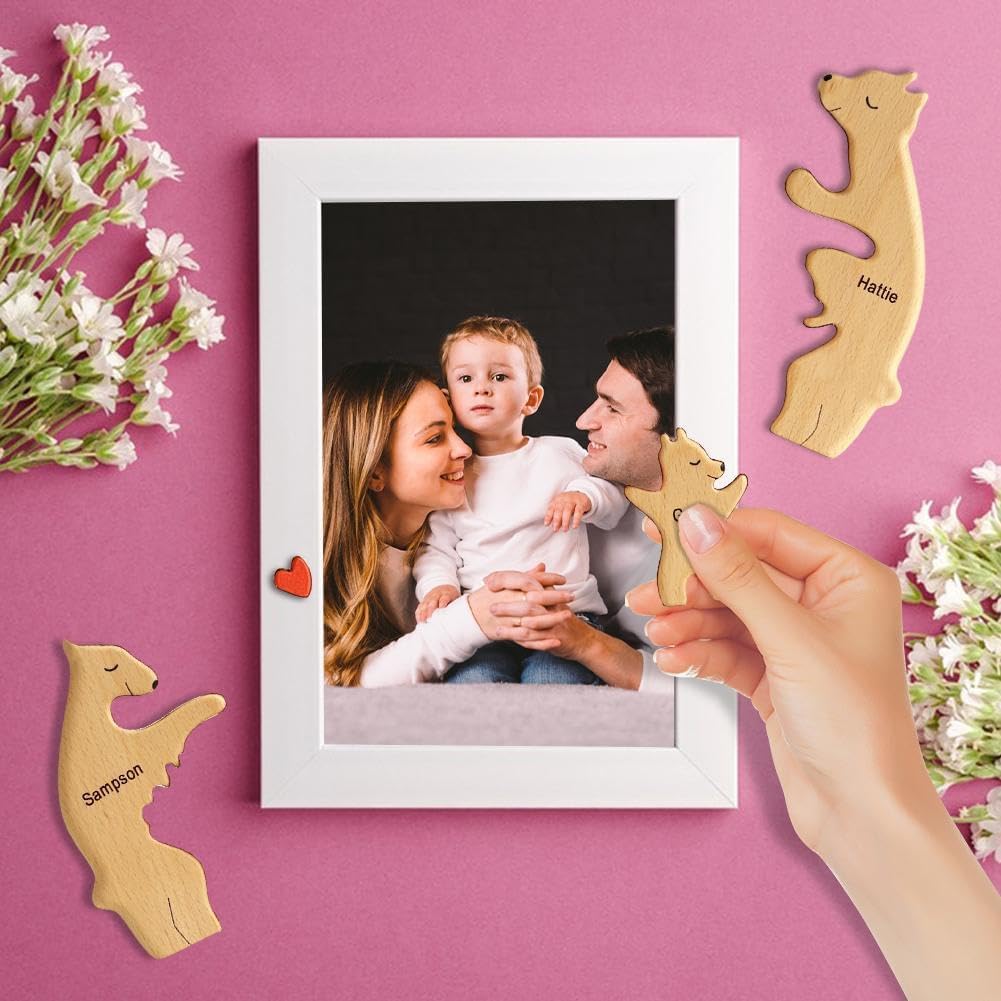Cnczjm Personalized Bear Family Wooden Art Puzzle, Wooden Bear Jigsaw Puzzle With Heart Loving Family Bear Sculpture Decorative