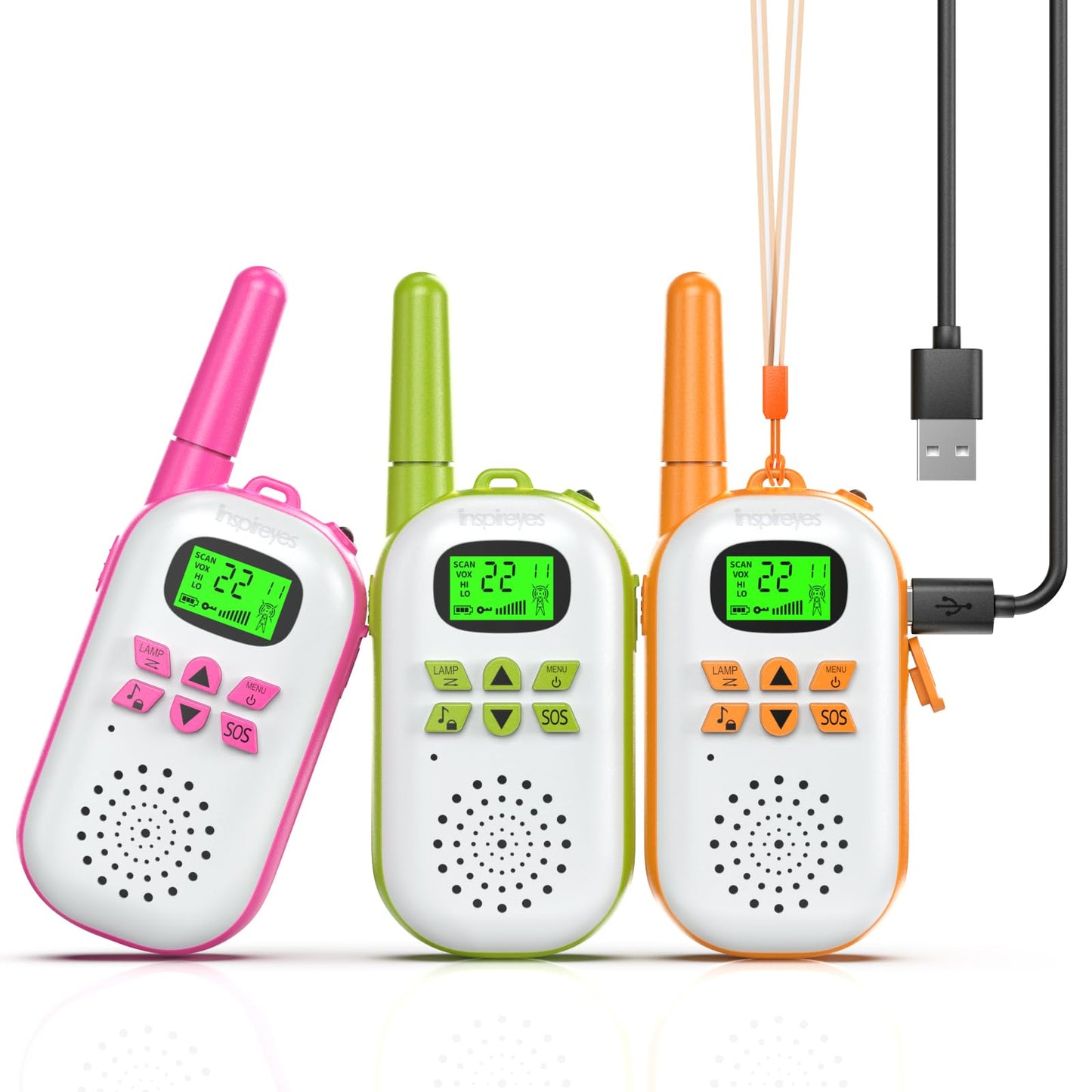 Inspireyes Walkie Talkies for Kids - 3 Pack Rechargeable 2-Way Radios, Pink Green Orange, Ages 3-12, Perfect for Outdoor Play and Family Games