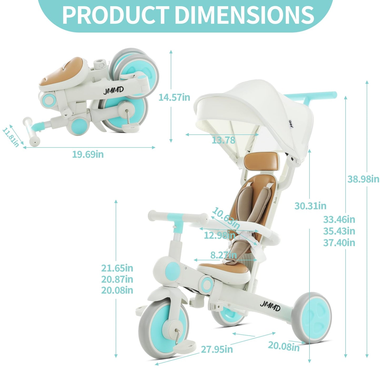 JMMD Baby Tricycle, 7-in-1 Multifunctional Kids Trike with Adjustable Parent Handle, Safety Harness & Wheel Brakes, Removable Ca