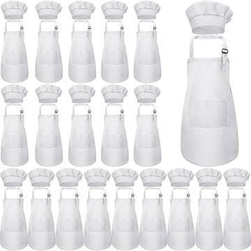 40 Pcs Kids Apron Chef Hat Set Boys Girls Aprons Chef Apron Hats Bulk for Cooking Painting Children's Bib Apron 7-13 Years (Whit