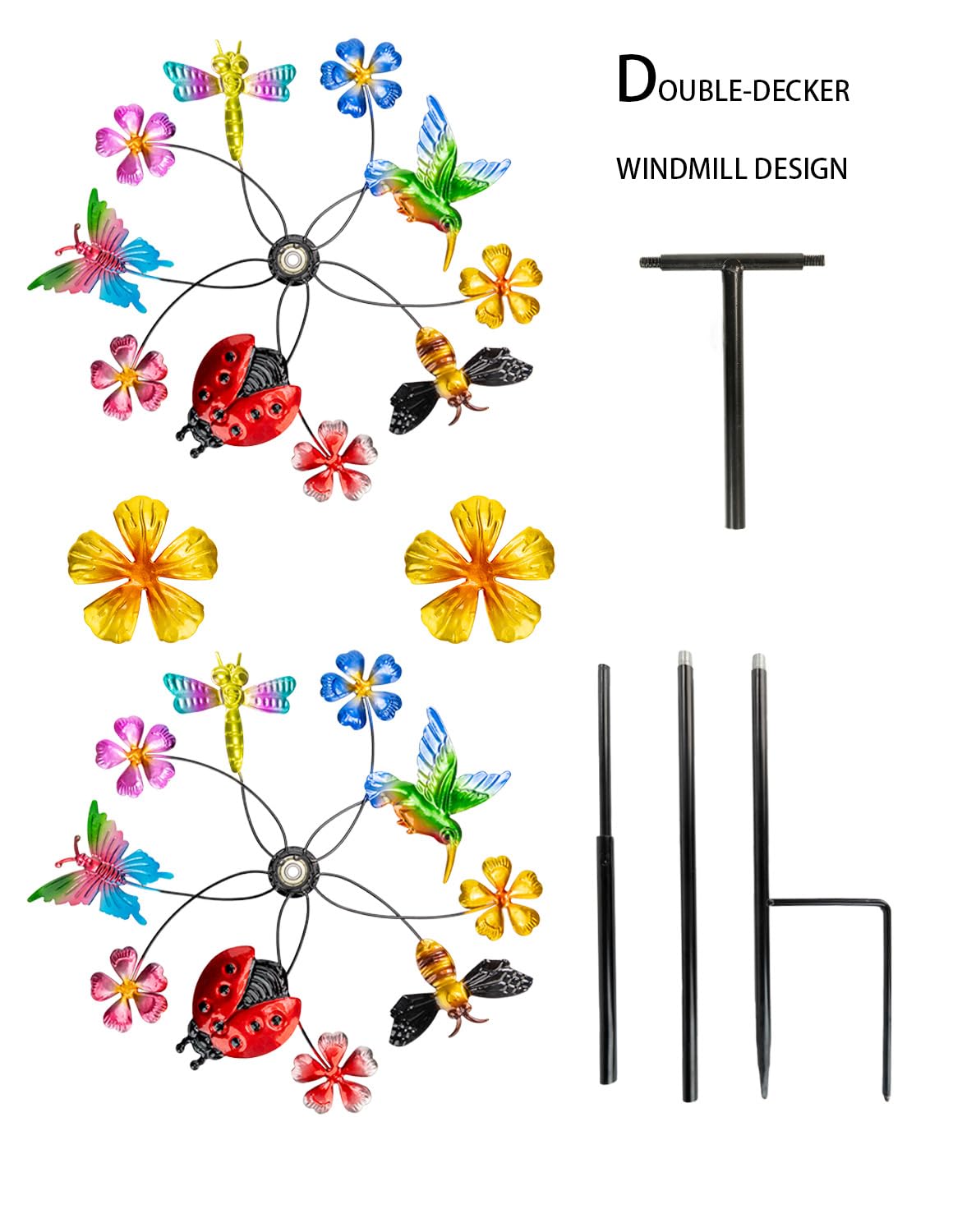 Senflame Double Blade Hummingbird Swivel Wind Spinners - 39 Metal Garden Stakes Decor for Outdoor Yard and Lawn, Color: Garden