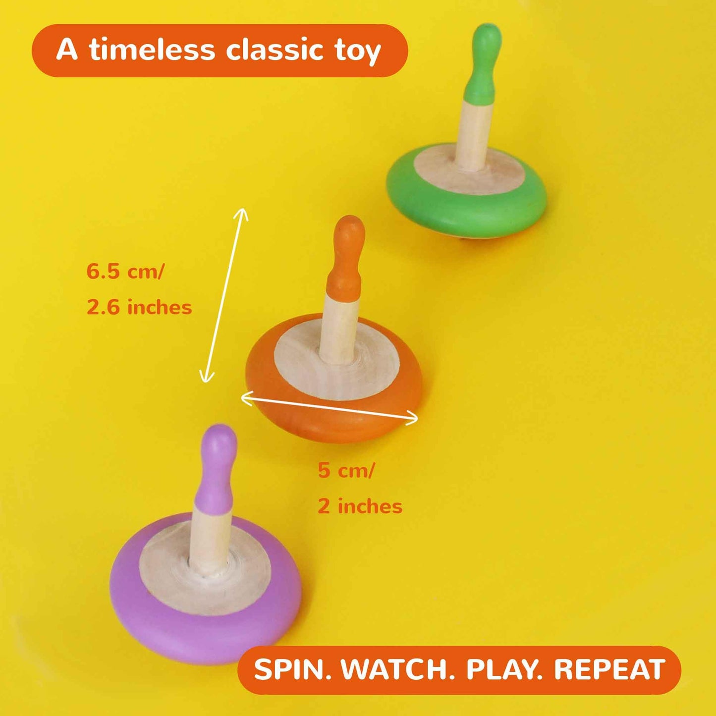 Shumee Handmade Wooden Set Of 3 Spin Tops(Purple, Orange, Green)| 100% Child Safe| Gyroscope Fidget Spinner | Sensory Toys |Birt