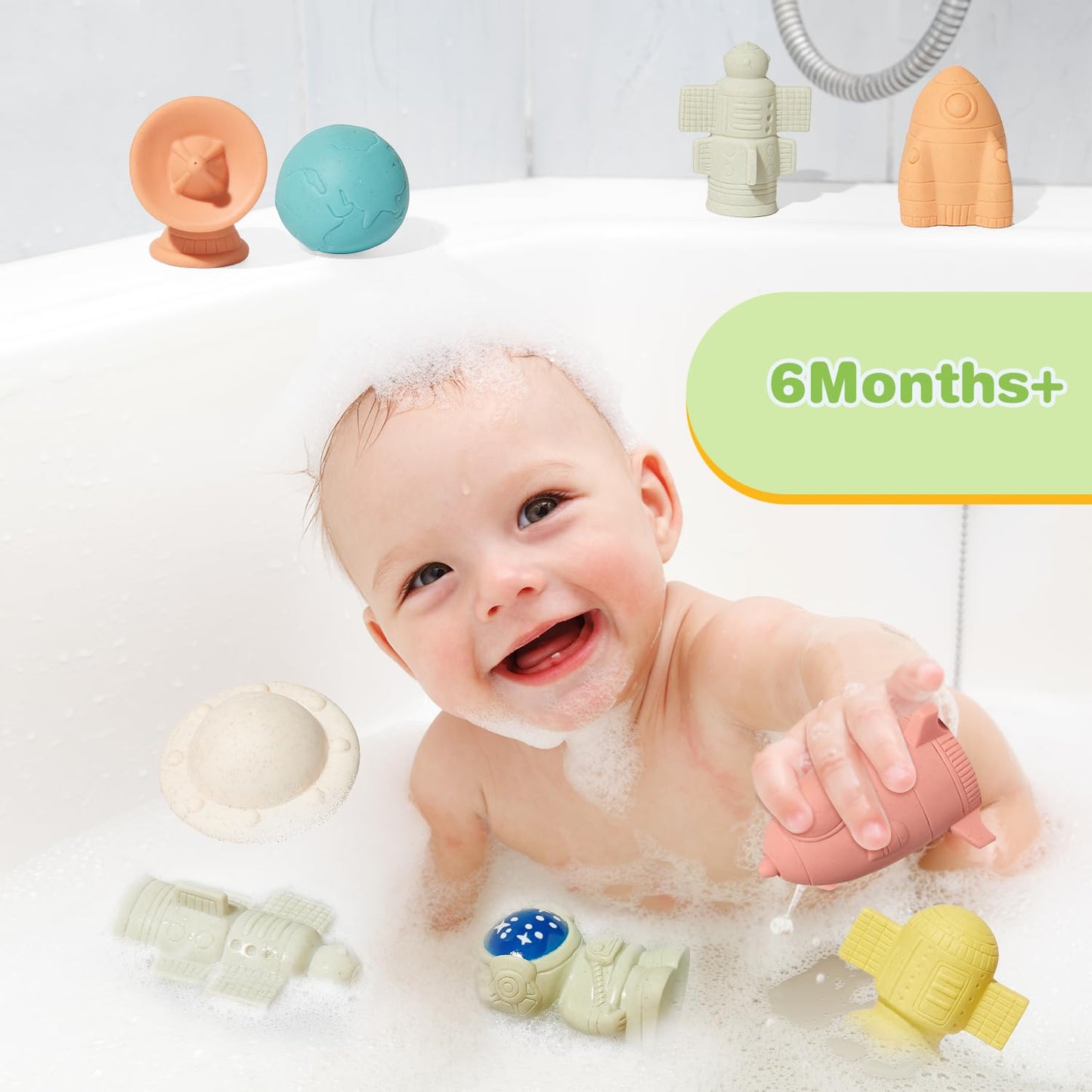 Amchsuri Mold Free Bath Toys For Babies 6-12 Months, 9 Pack No Holes Astronaut & Rocket Ship Bath Toys, Safe And Non Toxic Floating Pool Bathtub Toy