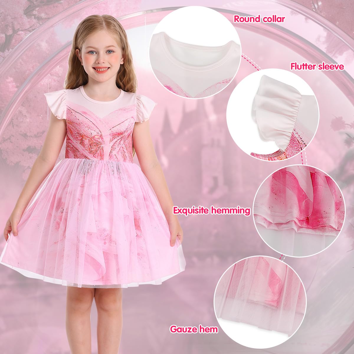 Marendyee Pink Witch Dress For Girls Halloween Costume Kids Tulle Dresses Flutter Sleeve (7-8 Years)