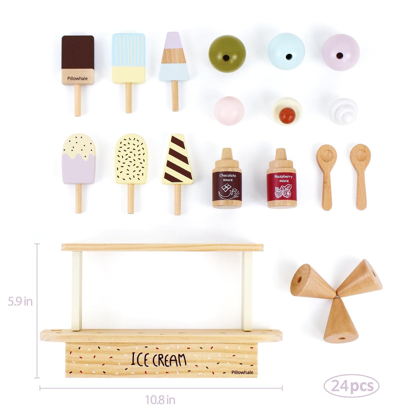 Pillowhale Wooden Ice Cream Toy,Pretend Play Food Toys,Play Ice Cream Counter Set for Kids,Play Kitchen Accessories for Toddlers