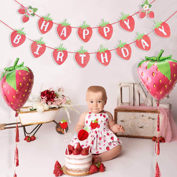 Strawberry Happy Birthday Banner Berry Sweet Girl Banner Sweet Berry Themed 1St Birthday Party Decoration Sunbeauty (Red - Straw