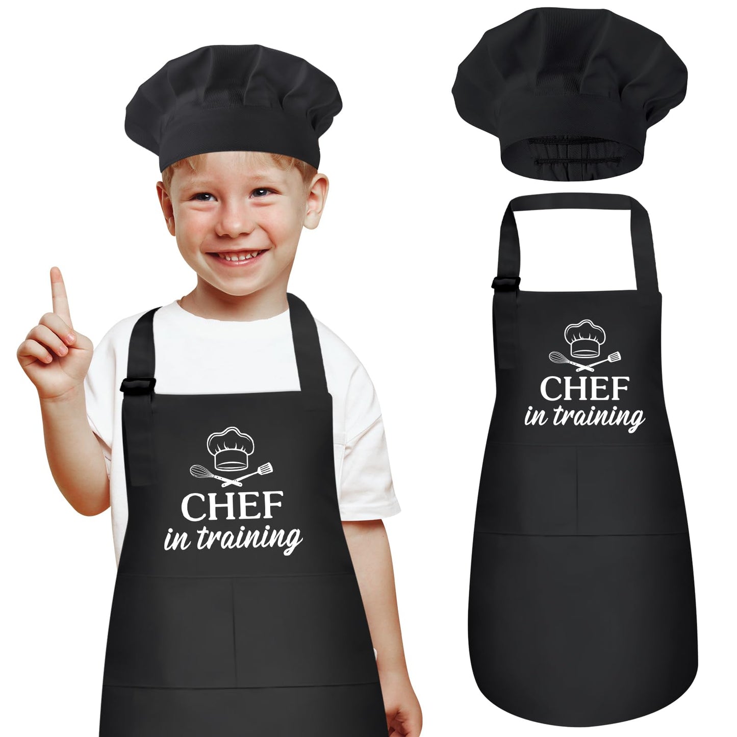 XLSXEXCL Kids Apron and Chef Hat Set, CHEF in training Apron Adjustable Child Apron Chef in Training Funny Apron with 2 Pocke