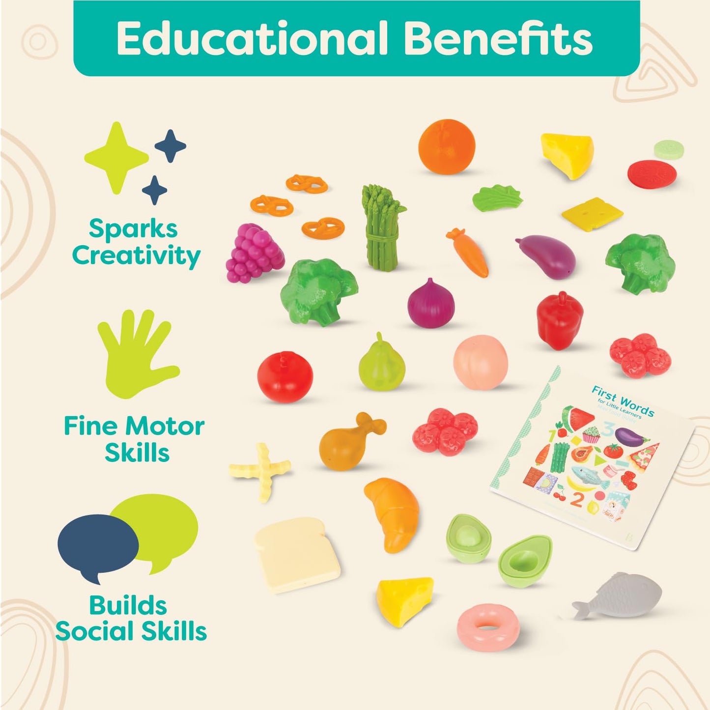 B. toys Foodie Fun Pretend Play Food Set – 32 Colorful Pieces & Educational Book for Toddlers – Storage Bucket Included – Ages 2+