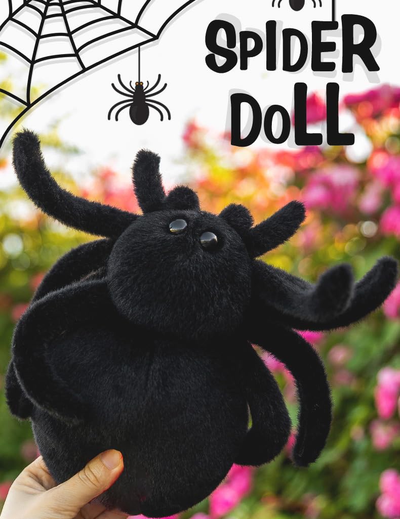 HWD Black Soft Stuffed Spider Doll - Cute Plush Plushie for Kids, Toddler Gifts, Birthdays, Halloween, Christmas Pranks