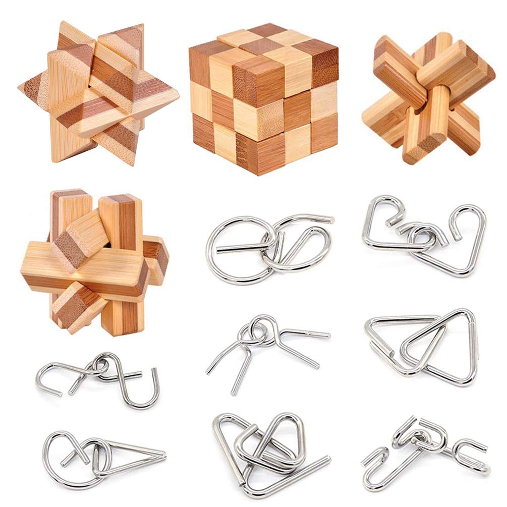 Bamboo 3D Puzzle Metal Brain Teasers Puzzles Mind Game Toys Set For Teens And Adults Pack Of 12Pcs