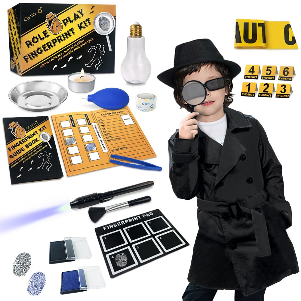 UNGLINGA Spy Kit for Kids - Detective Outfit with Fingerprint Toys, Black, Size 140, Ideal for 5-11 Year Olds, Educational Role Play Costume