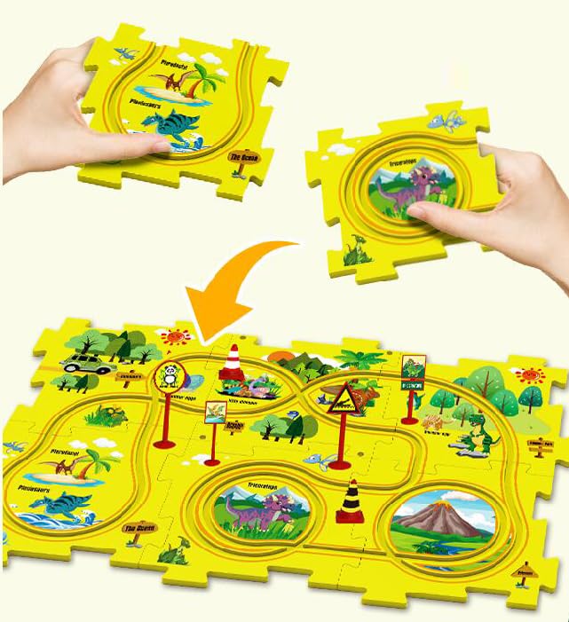 Powertrc Puzzle Track Car Playset, 25 Pcs Puzzle Racer Kids Car Track Set, Toys For Boys 3-5, Floor Puzzle Adventure Track Set, Car Set For Boys 3-5 Toddler Toy Gift (Safari Theme)