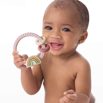 Itzy Ritzy Silicone Teether With Rattle; Rattle Teether Features Rattle Sound, Two Silicone Teething Rings And Raised Texture To Soothe Gums; Ages 3 Months And Up (Pink Rainbow)