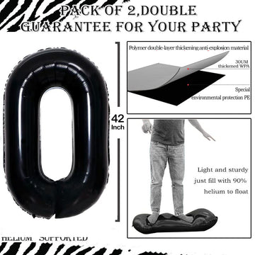 Goer 2 Pcs 42 Inch Black Foil Balloons Number 0 For 10Th 20Th 30Th 40Th 50Th 60Th 70Th 80Th 90Th 100Th Birthday Party Supplies Anniversary Decorations