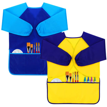CUBACO Kids Painting Apron - 2 Packs Waterproof Art Smocks, Long Sleeve, 3 Pockets, Blue & Yellow, for Children Aged 3-8 Years