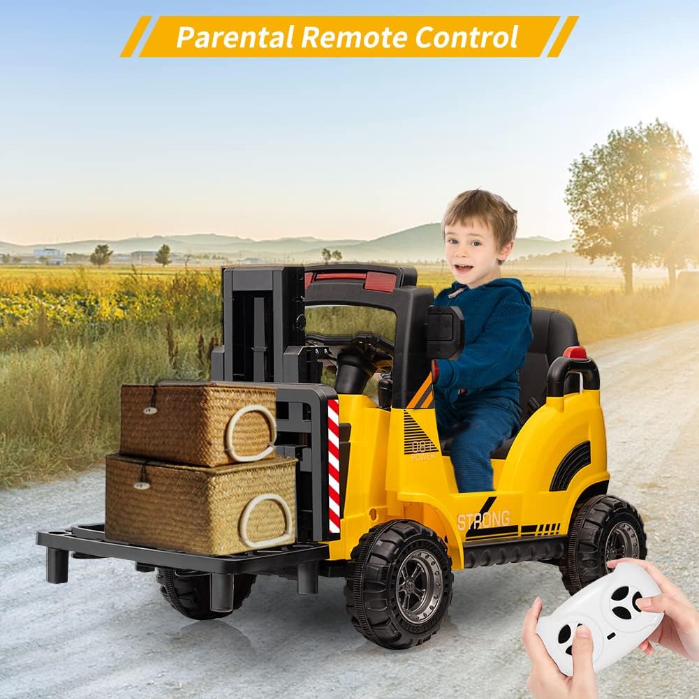 12V Kids Ride On Forklift Car, Toddles Electric Construction Car With Remote Control, Lifting Fork And Pallet, Low-Power Alarm,
