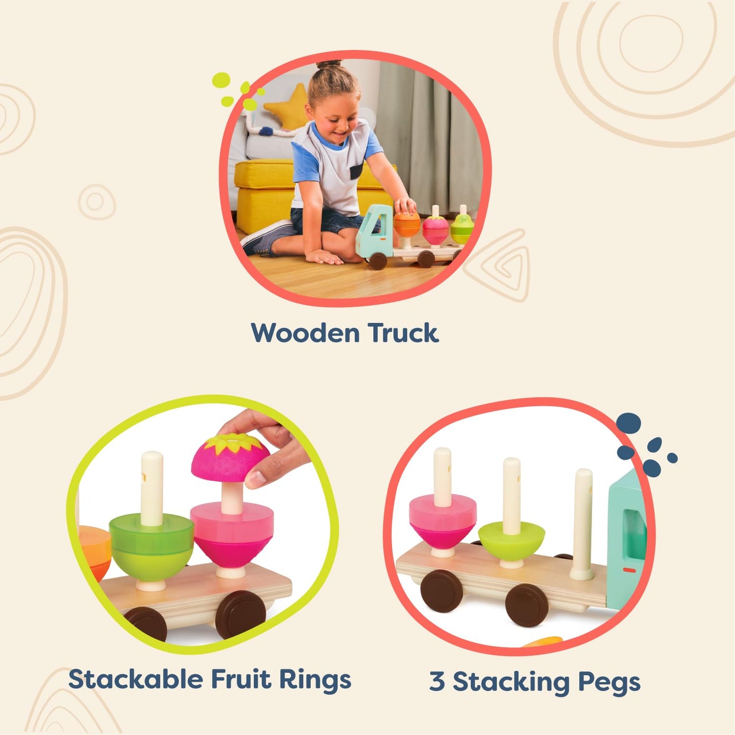 B. Toys- Stack & Roll Fruit Truck- Sort & Stack Toy – Wooden Truck & 9 Stackable Fruit Pieces – Orange, Pear, Strawberry Slices – Learning Toys For Toddlers, Kids – 18 Months +