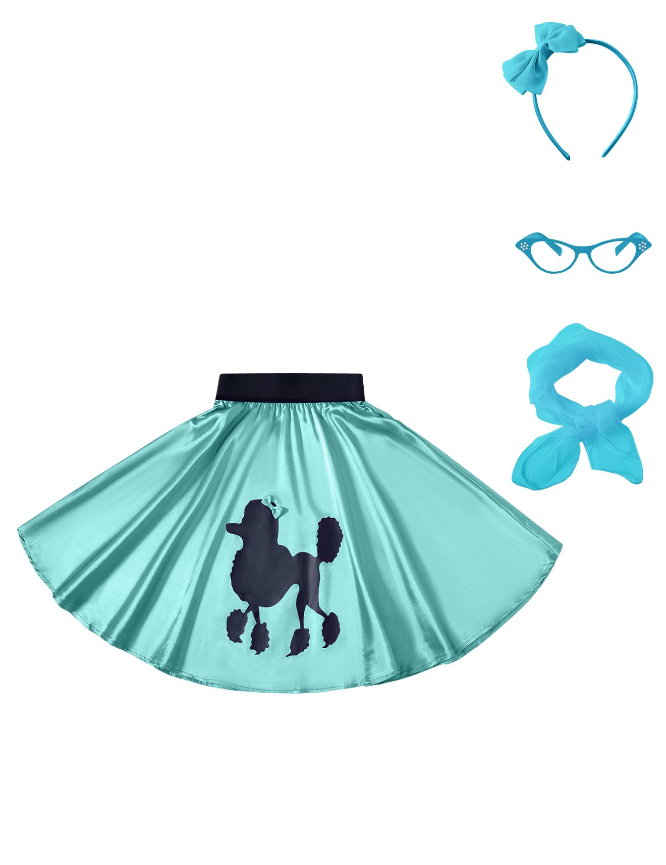Inbakjade Girls Poodle Skirt 50S Costume Accessories Glasses, Scarf, Headband For Kids Halloween Costume(Blue,8-10T)