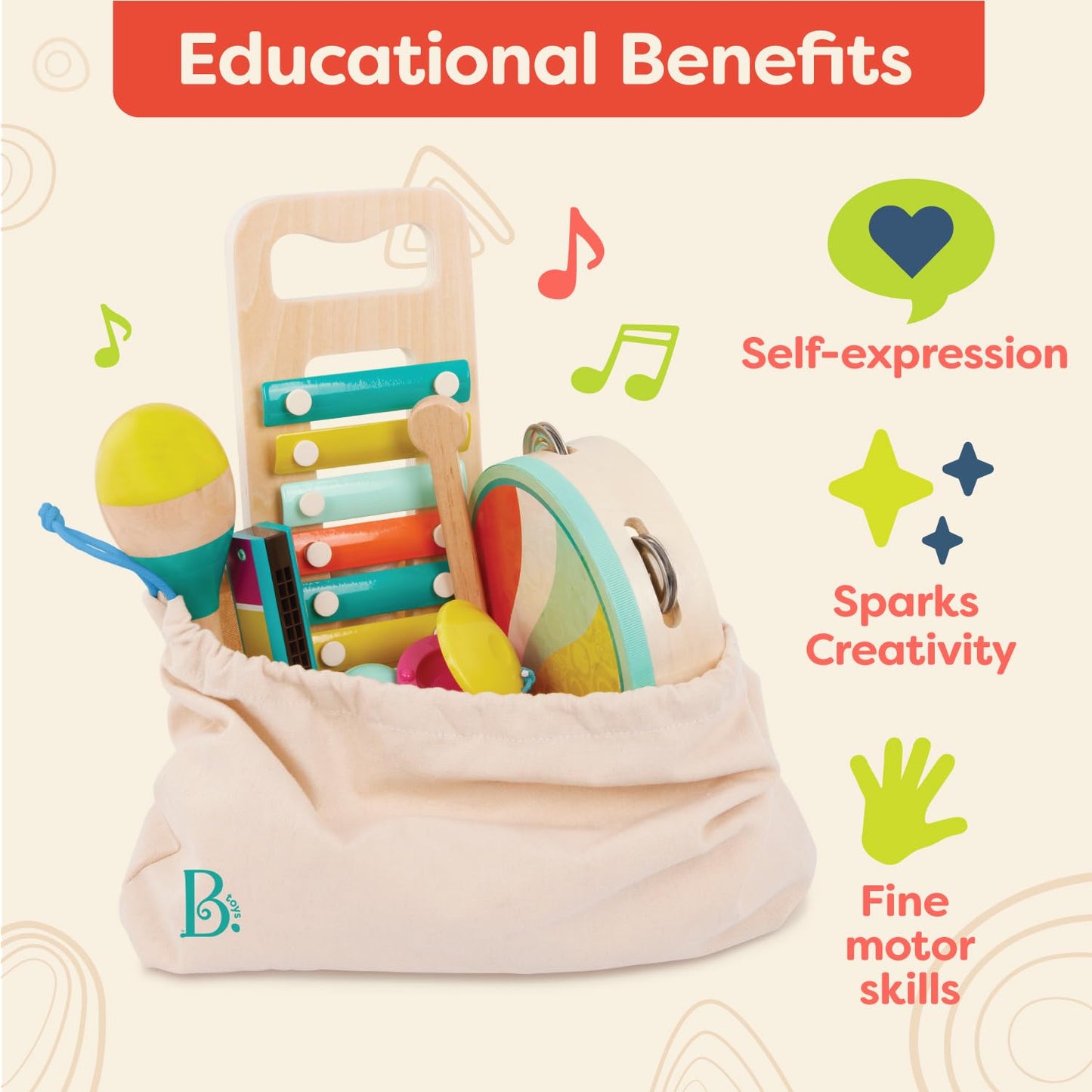 B. Toys- Make A Melody- 9Pc Wooden Musical Instruments – Xylophone, Tambourine, Harmonica – Drawstring Storage Bag – 2 Years +