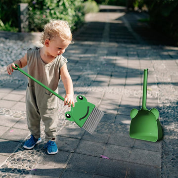 Scktyzs Mini Broom With Dustpan For Boy I Kids Small Cleaning Set Combo Pretend Play I Toddler Kitchen Dress Up Toys-Frog Green
