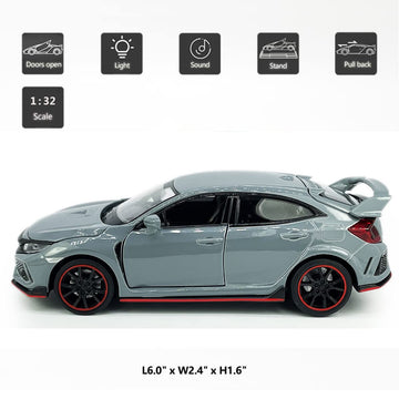 Civic Type R Toy Car Hatchback Sports Diecast Model Car 1/32 Scale Metal Pull Back Vehicles, Doors Open Light Sound, Toys for Bo